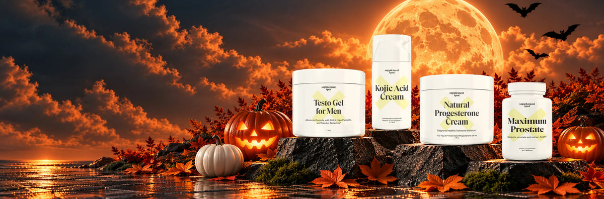 Supplement Spot creams and supplements in a fall scene with pumpkins and a full moon